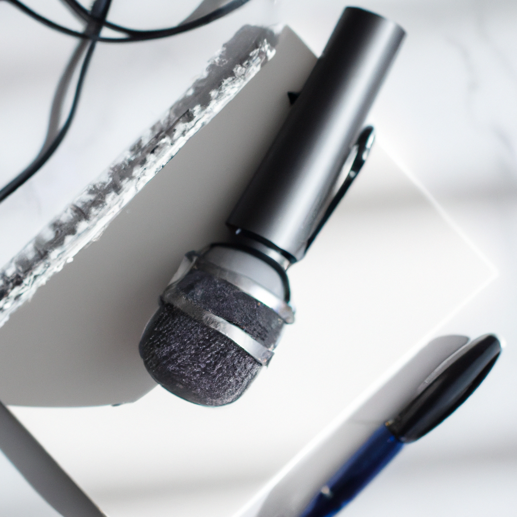 Minimal white desk with a journalist's microphone, notebook, and pen in soft natural light, modern Canadian context